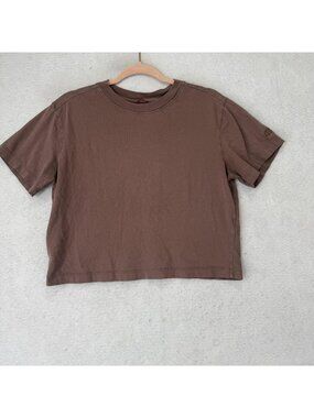 Topo Designs T-Shirt Womens M Brown Crew Neck Short Sleeve Cropped Boxy Jersey
